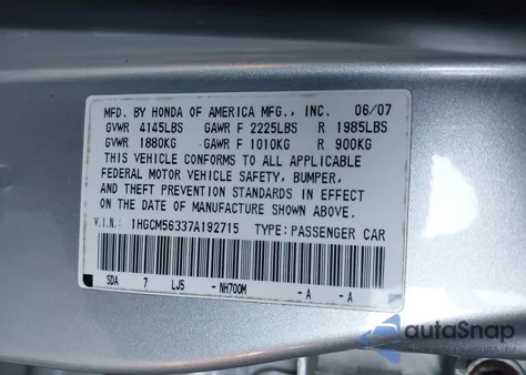 2007 Honda Accord 2.4 Se from USA, damaged, VIN 1HGCM56337A192715